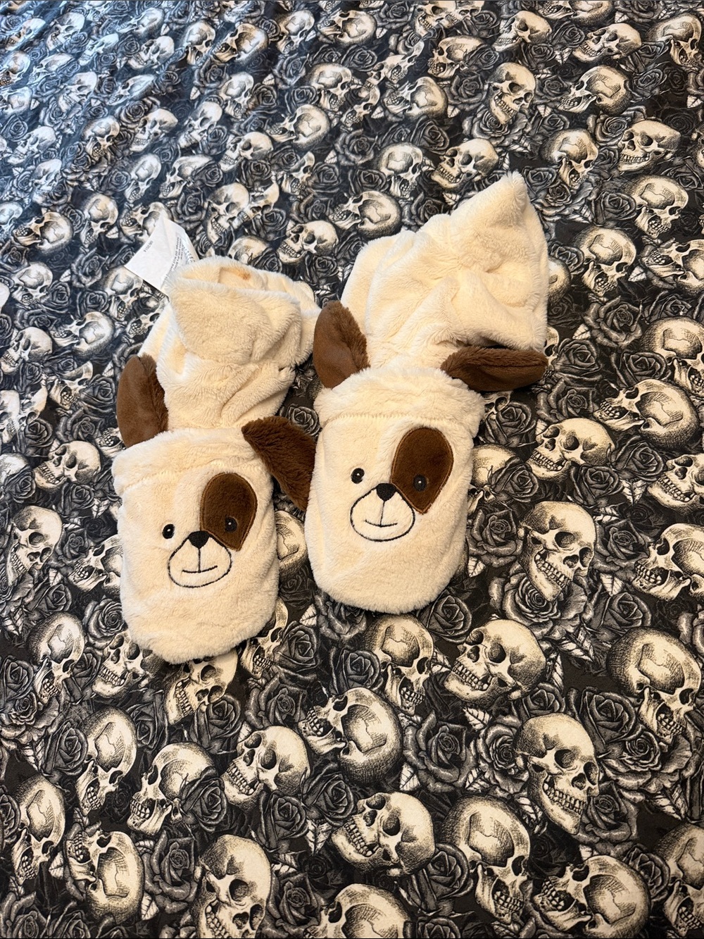 Plush puppy Dog Cream color slippers with microwavable heating pad inserts